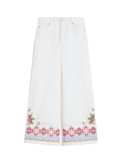 Weekend Max Mara Weekend Maxmara Embroidered Cotton Bull Trousers In White