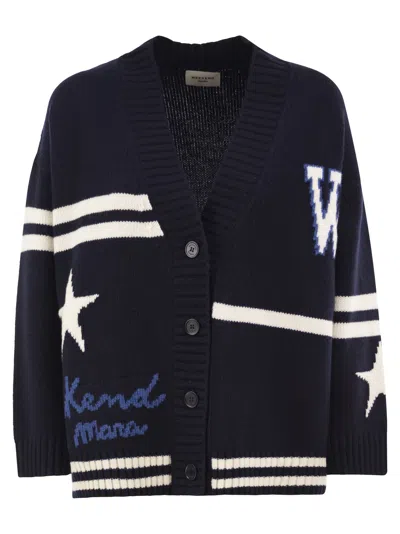 Weekend Max Mara Weekend Maxmara Wkdbelgio Virgin Wool Cardigan With Graphic Intarsia In Blue
