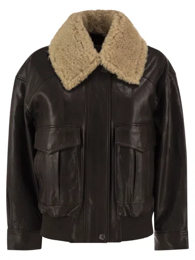 Weekend Max Mara Shearling-collar Leather Jacket In Black