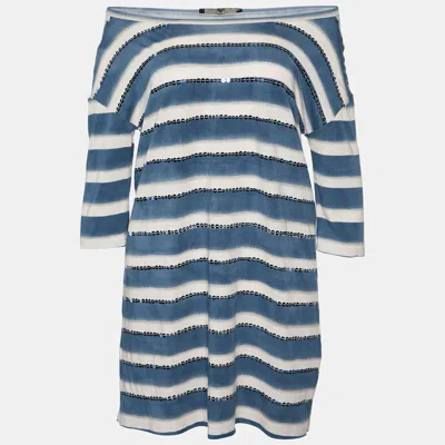 Weekend Max Mara White & Blue Cotton Striped Sequin Embellished Top