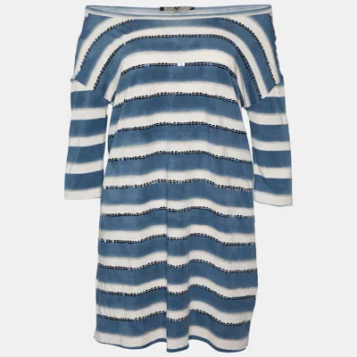 Pre-owned Weekend Max Mara White & Blue Cotton Striped Sequin Embellished Top M