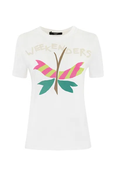 Weekend Max Mara White Nervi Cotton T-shirt With Nervers Print In Off White
