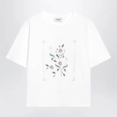 Weekend Max Mara White T-shirt In Cotton With Floral Embroidery