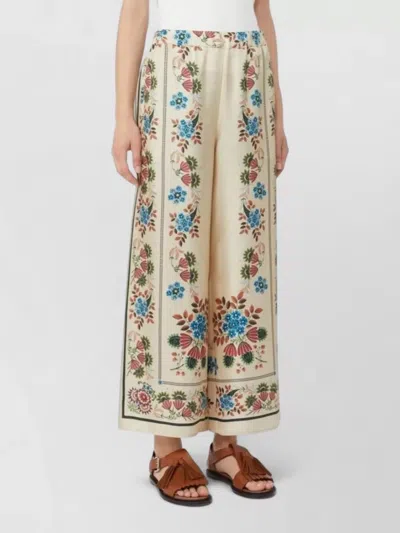 Weekend Max Mara Wide Leg Silk Blend Floral Trousers Side Stripes In Gold