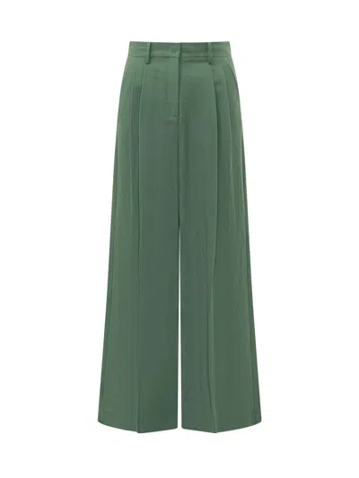 Weekend Max Mara Wide-leg Trousers With Pleats In Linen-viscose Blend In Green