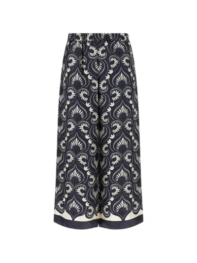 Weekend Max Mara Omens Graphic-print Straight-leg Silk Trousers Navy In Blue