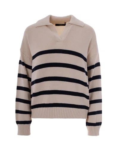 Weekend Max Mara Beige Stripes Shirt Collar Sweater In Blue