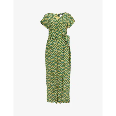 Weekend Max Mara Womens Green Graphic-pattern V-neck Silk-crepe Jumpsuit