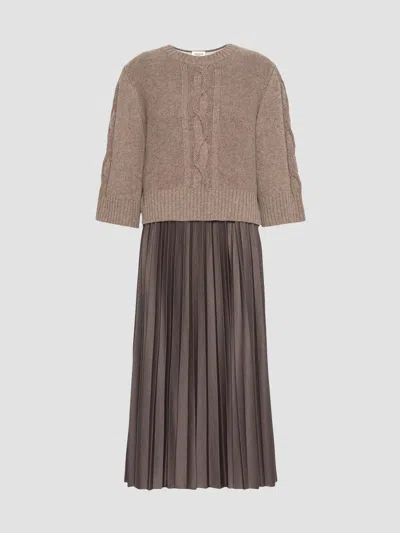 Weekend Max Mara Hazelnut Cable Knit Sweater & Pleated Jersey Midi Dress In Brown