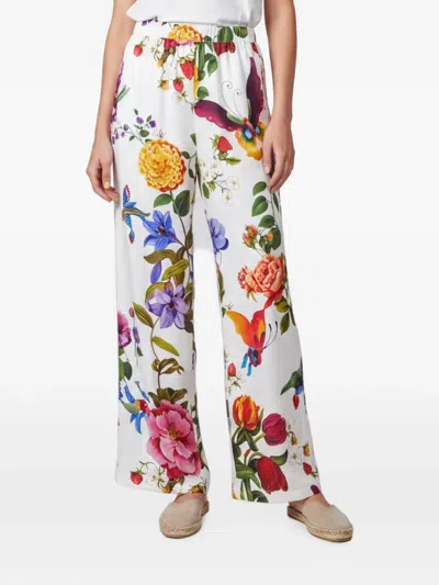 Pre-owned Weekend Max Mara X Lily Aldridge Floral-print Wide-leg Trousers In White