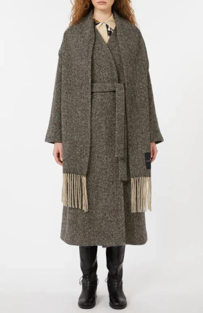 WEEKEND MAX MARA WEEKEND MAX MARA ZENICA SCARF DETAIL HERRINGBONE TWEED WOOL BLEND COAT