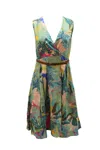 Weekend Max Mara Belted Dress In Leaf Green Print Silk Cotton In Multi