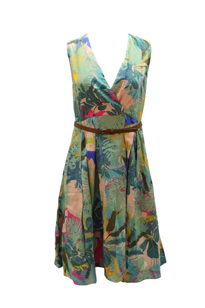 Weekend Maxmara Weekend Max Mara Belted Dress In Leaf Green Print Silk Cotton In Multi