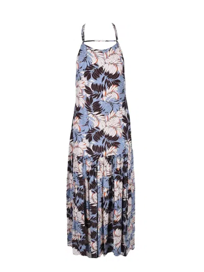 Weili Zheng Flowing Long Dress With Botanical Print And Zip Sleeves In Multi