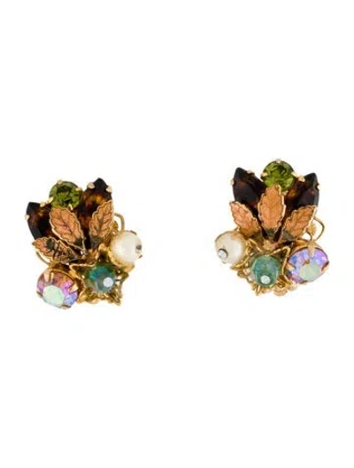 Pre-owned Weiss Crystal, Faux Pearl & Enamel Cluster Clip On Earrings In Multi