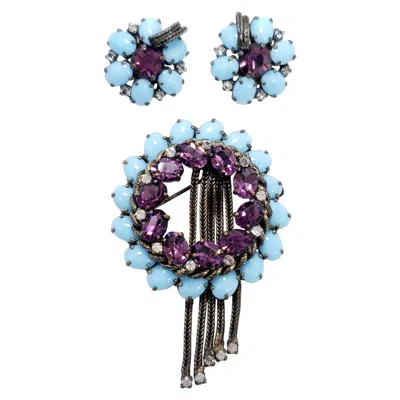 Pre-owned Weiss Floral Pin Brooch And Clip On Earrings, Turquoise And Emerald Crystals In Green