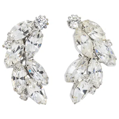 Pre-owned Weiss Marquise And Round Clear Crystal Cluster Clip On Earrings In Silver In Gray