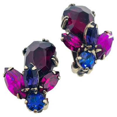 Pre-owned Weiss Signed Silver Tone Ruby Sapphire Fuchsia Glass Designer Clip On Earrings In Blue