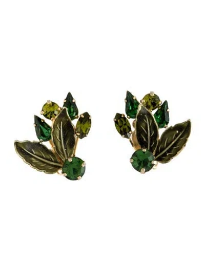 Pre-owned Weiss Vintage Enamel & Crystal Leaf Clip-on Earrings In Green