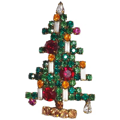 Pre-owned Weiss Vintage  Geometrical Crystal Christmas Tree Pin In Green Red Yellow & White