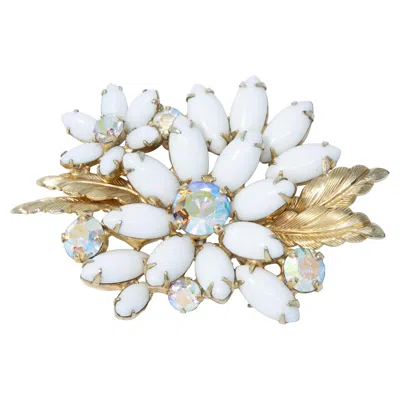 Pre-owned Weiss Vintage  Gold Floral Bloom, Aurora Borealis, Milk Glass Crystals, Mid 1900s In Gray