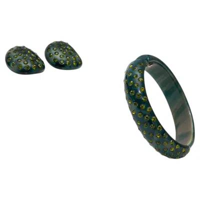 Pre-owned Weiss Vintage  Green Bakelite, Green Rhinestone Bangle Bracelet And Earring Set
