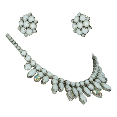 Pre-owned Weiss White Jasper And Crystal Fringe Collar Necklace And Earring Suite, 1960s