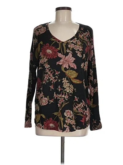 Pre-owned Well Worn Long Sleeve Top Black Floral Pattern Plunge Neckline Tops