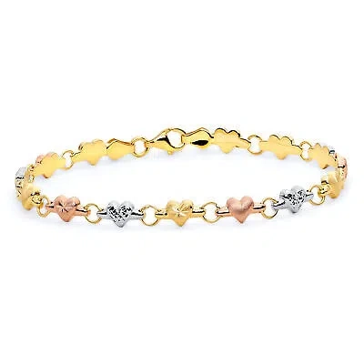 Pre-owned Wellingsale 14k Tri Color Gold Diamond Cut Heart Bracelet - 7.25"