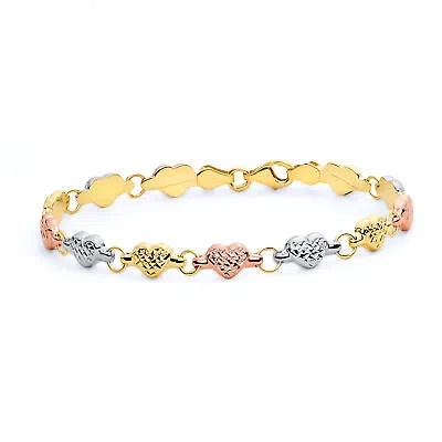 Pre-owned Wellingsale 14k Tri Color Gold Diamond Cut Heart Bracelet - 7.25"