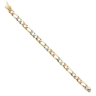 Pre-owned Wellingsale 14k Tri Color Gold Solid Mens Nugget Figaro Link Bracelet - 8"