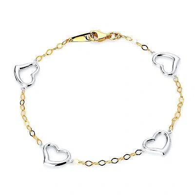 Pre-owned Wellingsale 14k White / Yellow Gold Heart Link Bracelet - 7.5"