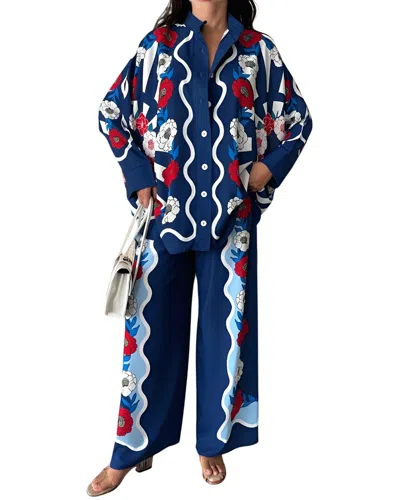 Wellway 2pc Blouse & Pant Set In Blue