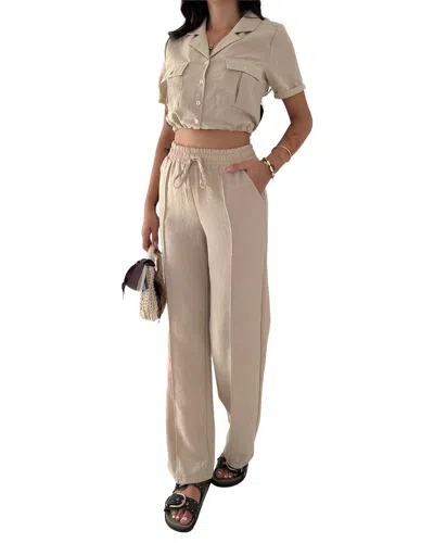 Wellway 2pc Linen Blouse & Pant Set In Neutral
