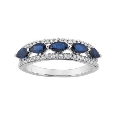 Pre-owned Welry 1/4 Cttw Diamond Band Ring With Blue Sapphires In 14k White Gold, Size 8