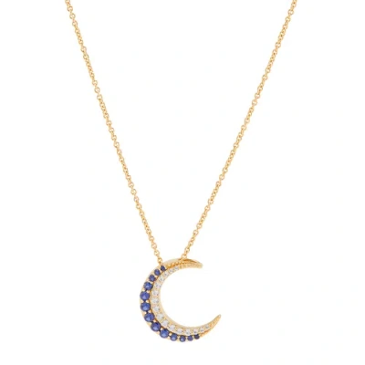 Pre-owned Welry 14k Yellow Gold Moon Pendant Necklace With Lab-created Sapphires, 16" + 1" In Blue