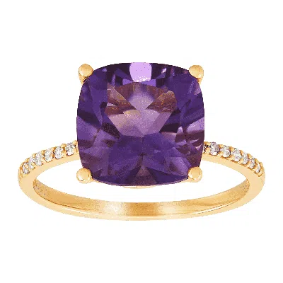Pre-owned Welry Amethyst Cushion-cut Ring With Diamond Accents In 14k Yellow Gold In Purple