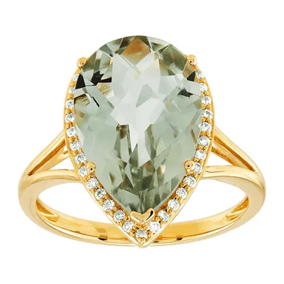 Pre-owned Welry Natural Pear-cut Green Amethyst & 1/6 Cttw Diamond Ring In 10k Yellow Gold