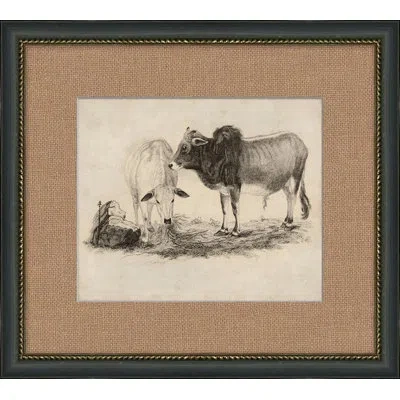 Wendover Art Group Antique Grazing Cows - Picture Frame Painting On Paper In Black;gray;ivory