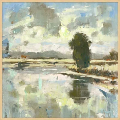 Wendover Art Group Dust Over The Lake - Floater Frame Painting On Canvas In White;green;beige