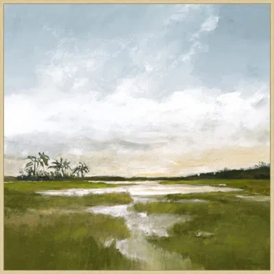 Wendover Art Group Palms And Marsh At Golden Hour - Floater Frame Print On Canvas In White,green,gray