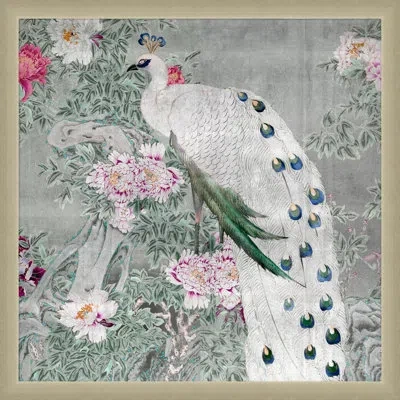 Wendover Art Group Silver Peacock By Lillian August - Picture Frame Painting In Green;gray
