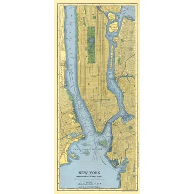 Wendover Art Group Vintage Map Of Manhattan - Picture Frame Drawing Print On Canvas In Blue;beige