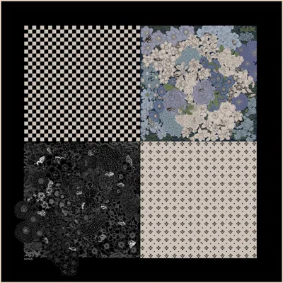 Wenzi Women's Black / Blue / Grey  Patchwork Of Dreams Hand Painted Pattern Double Sided Silk Twill S