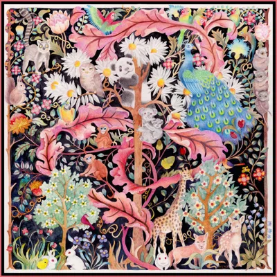 Wenzi Women's Black / Pink  Whimsical Wilderness Hand Painted Pattern Silk Twill Scarf In Animal Print