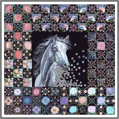 Wenzi Women's Black / White  The Starlit Rider Hand Painted Pattern Double Sided Silk Twill Scarf