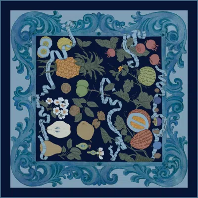 Wenzi Women's Blue  Fruitful Elegance Hand Painted Pattern Double Sided Silk Twill Scarf