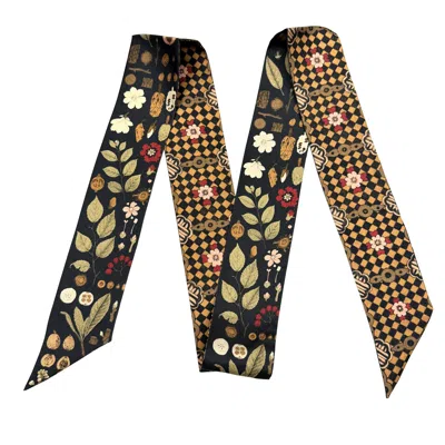 Wenzi Women's Mulberry Silk Ribbon Scarf, Long Skinny Scarf, Hair Scarf, Purse Scarf, Black Botanical Ribb In Black/purple