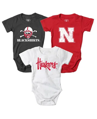 Wes & Willy Kids' Baby Boys And Girls 3-pack Scarlet/white/charcoal Nebraska Huskers Bodysuit Set In Red