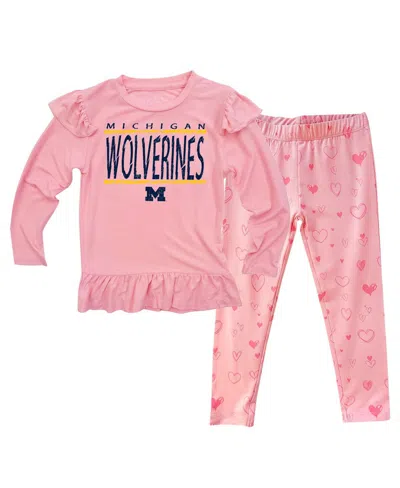 Wes & Willy Baby Boys And Girls Pink Michigan Wolverines Heart Print Ruffle Long Sleeve T-shirt And Pants Sleep 